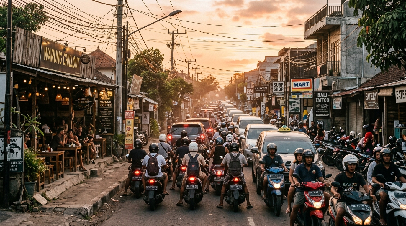 Scooter and car traffic congestion along narrow coastal road in Canggu Bali
