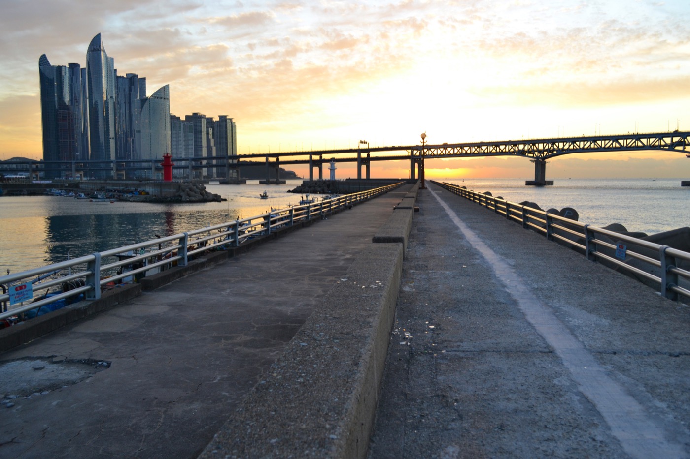 Marine City luxury high-rises and Gwangan Bridge at dawn in Busan South Korea