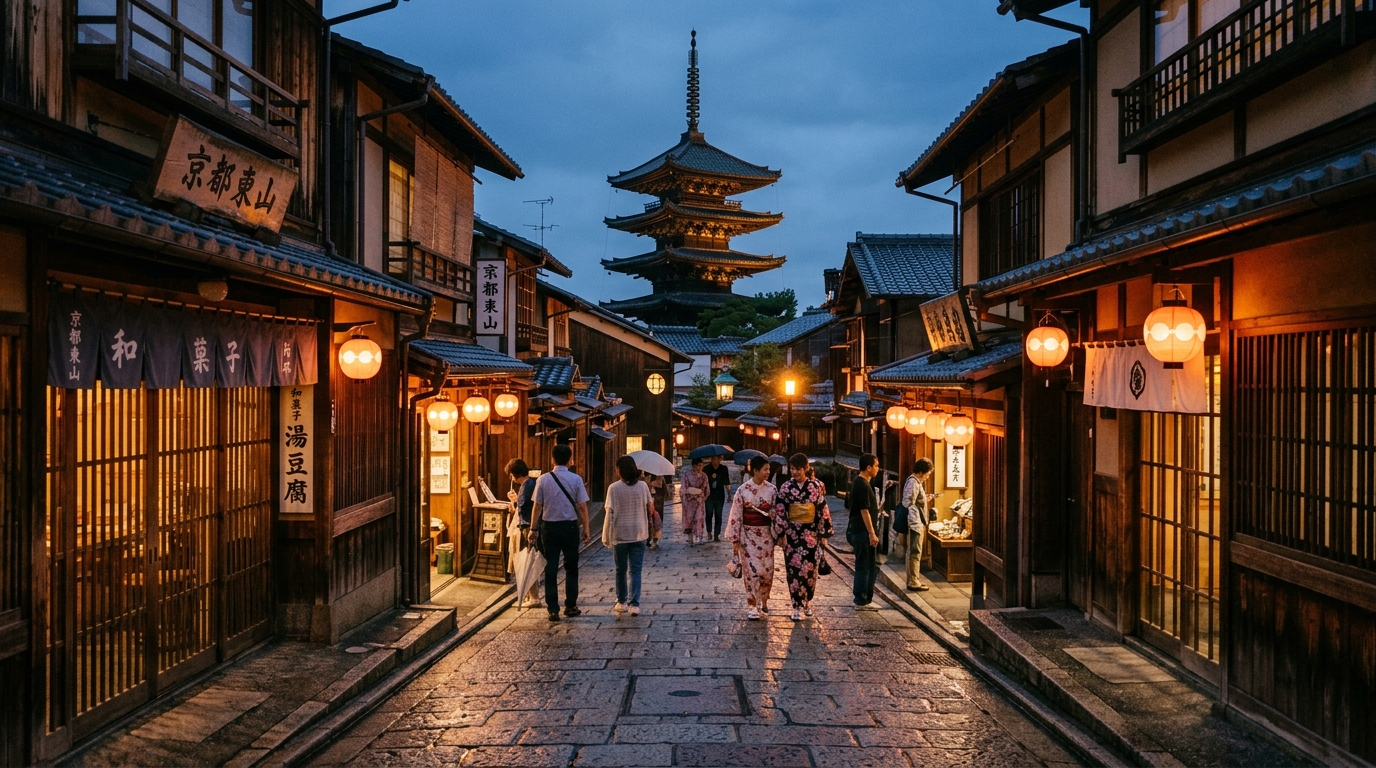 Historic preserved street in Kyoto with traditional wooden machiya townhouses
