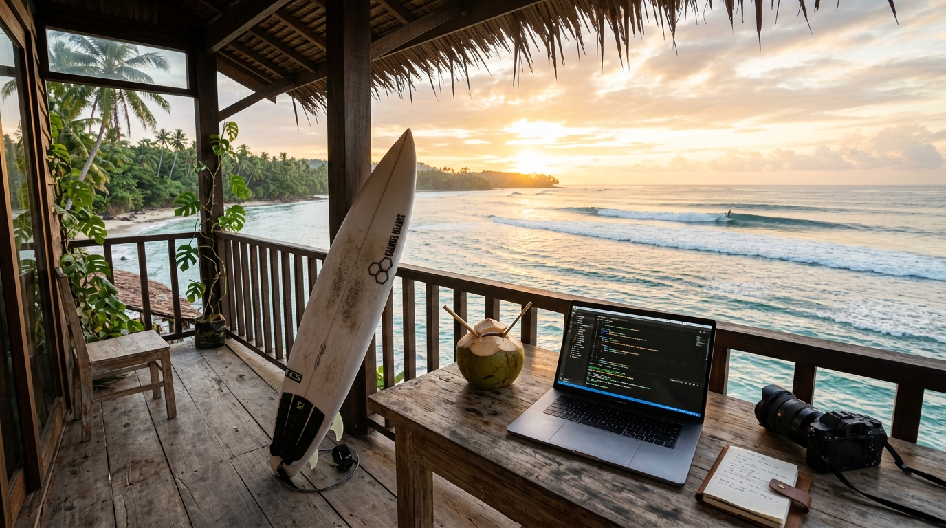 The Surfing Entrepreneur Lifestyle - Coastal Workspace and Ocean Waves