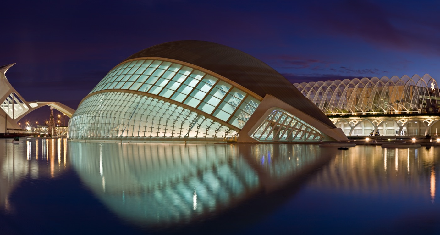 Valencia Ciudad de las Artes y las Ciencias illuminated at twilight